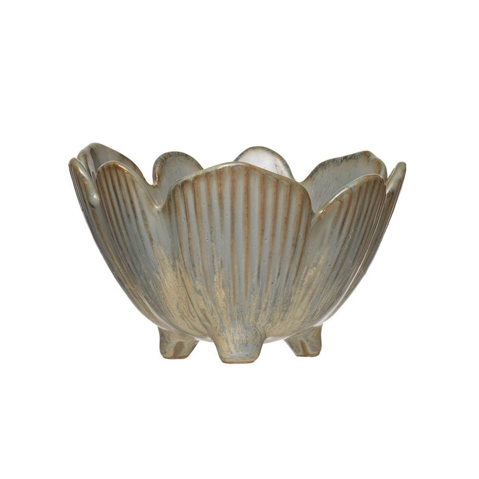 porcelain flower bowl with feet. Bluish grey color - each will vary