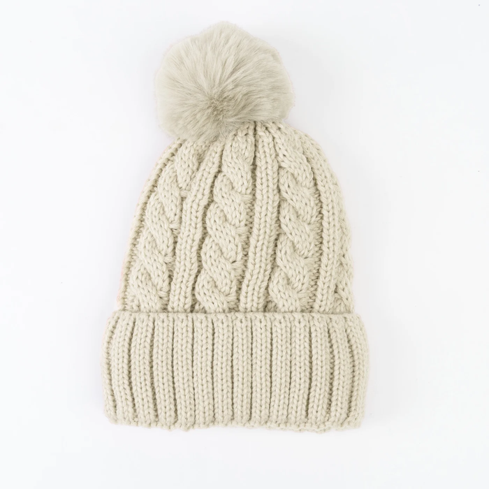 Winter Sierra Ivory Cable Knit Pom Beanie