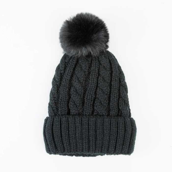 Winter Sierra Black Cable Knit Pom Beanie