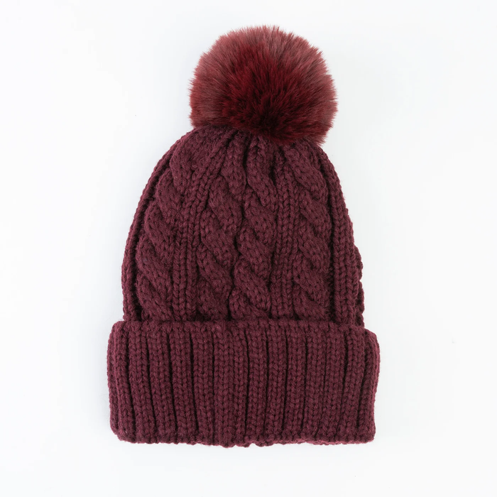 Winter Sierra Burgundy Cable Knit Pom Beanie