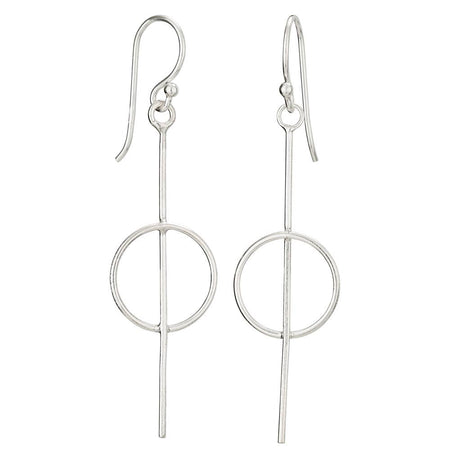 A pair of silver drop earrings with a minimalist design, featuring a vertical bar with a circular cutout and a small bead detail near the fishhook ear wires, shown against a plain white background.