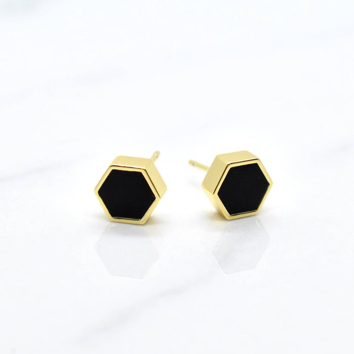 Black Hexagon Earrings - Gold Geometric Studs