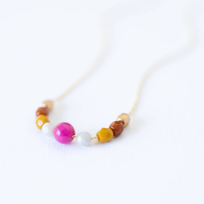 Tiny Gold Filled Bead Necklace- Magenta