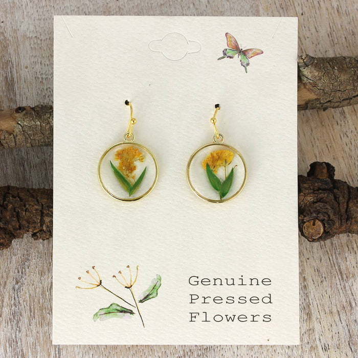 Cottage Yellow Green Dried Flower Round Earrings