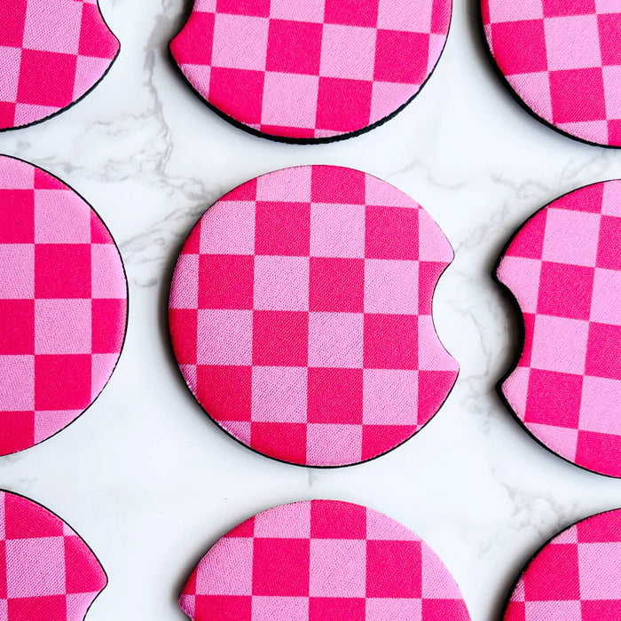 2 Car Coasters, Pink Checkerboard Design