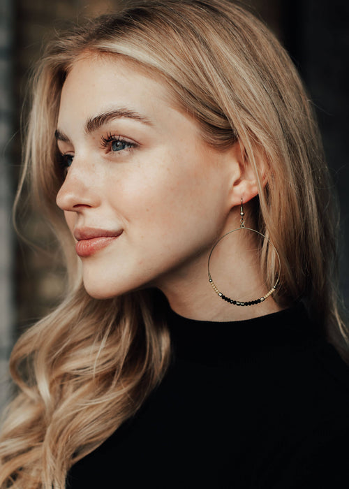 Mustard, Black & Gold Beaded Hoop Earrings