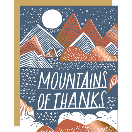 A2 sized thank you card with a mountainous landscape design and the words 'MOUNTAINS OF THANKS' in the center.