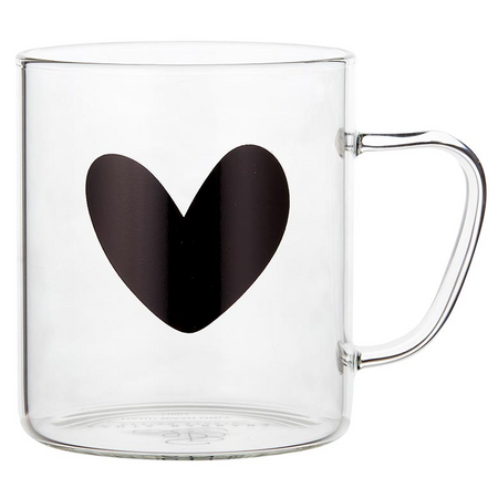 clear glass mug with black heart on front