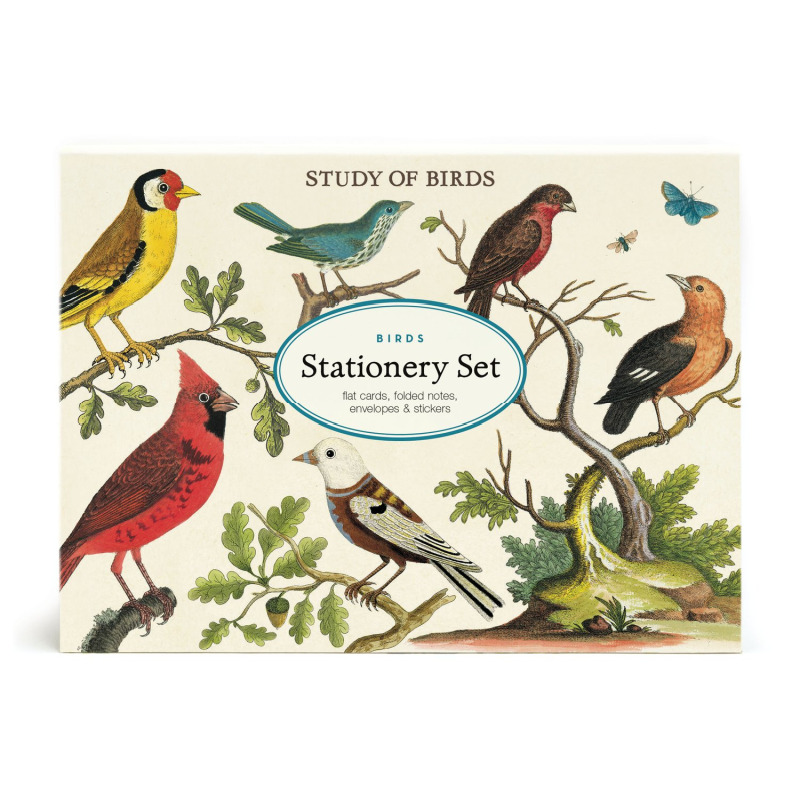 stationery set featuring birds on a white background