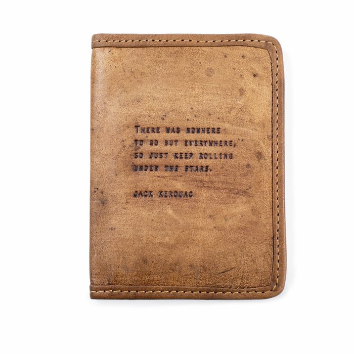 leather passport cover with a jack kerouac quote