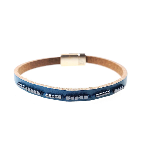 Teal blue leather with seed beads bracelet