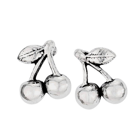 Sliver cherry earrings on a white backround