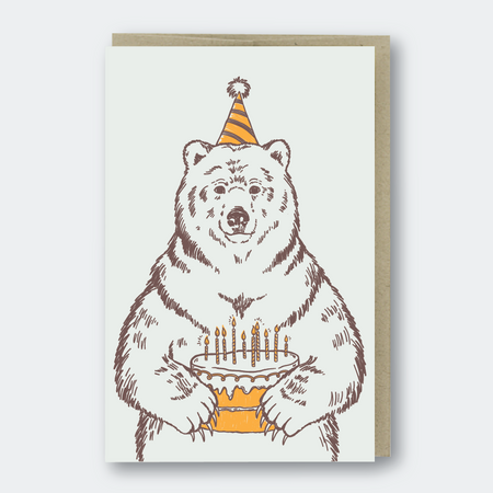 bday card with bear holding a cake