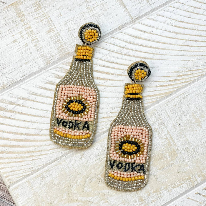 Vodka Bottle Beaded Dangle Earrings - Silver