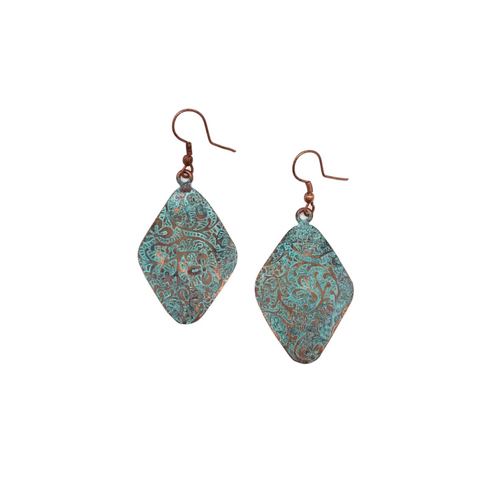 Copper Patina Earrings - Aqua Floral