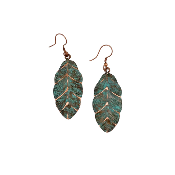 Copper Patina Earrings - Teal Leaf