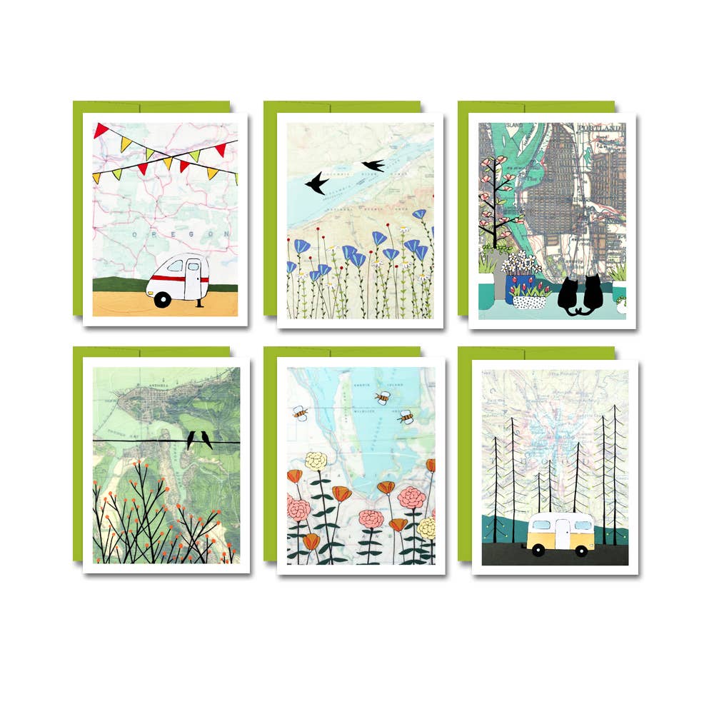 Set of 6 cards on a white background