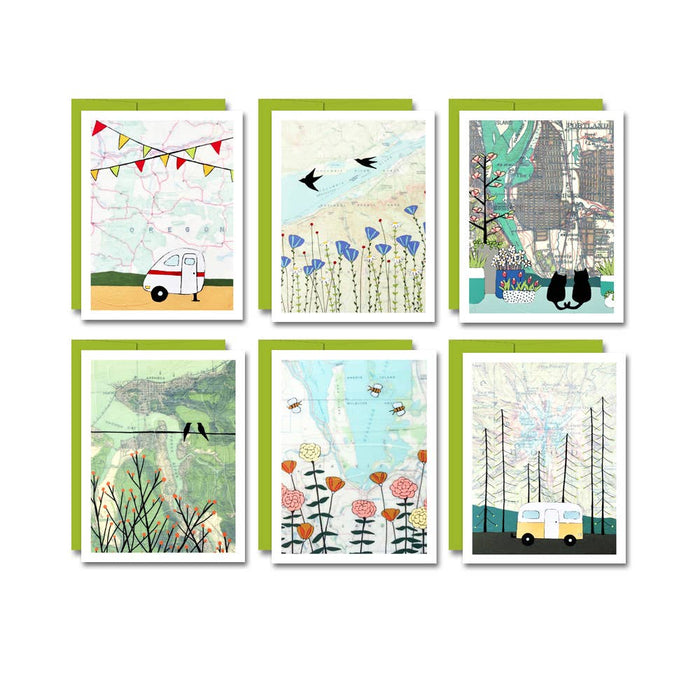 Set of 6 cards on a white background