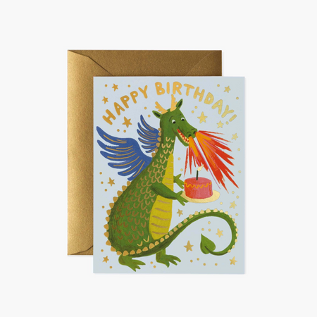 Birthday card with a dragon illustration and 'Happy Birthday!' text, featuring a gold envelope.