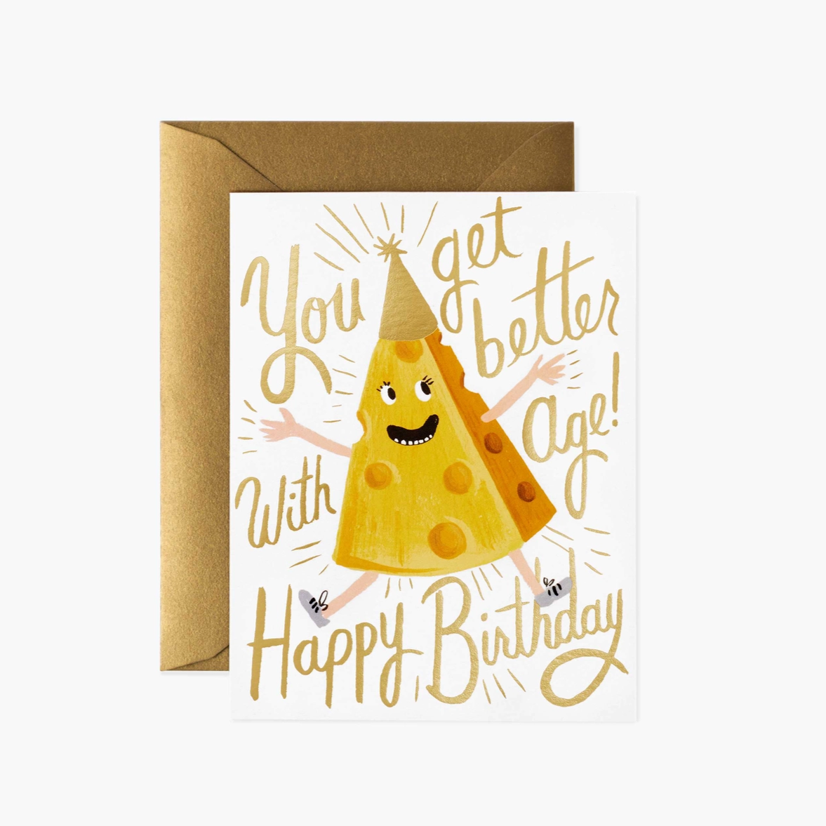 A birthday card with a 3D cheese design and the phrase 'You're better with age!' in a gold foil stamped envelope.