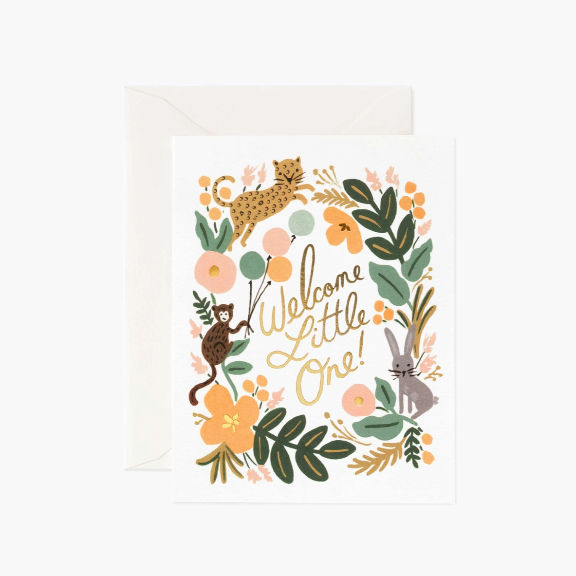 Card with animals that says " Welcome little one!" in gold letters on white background