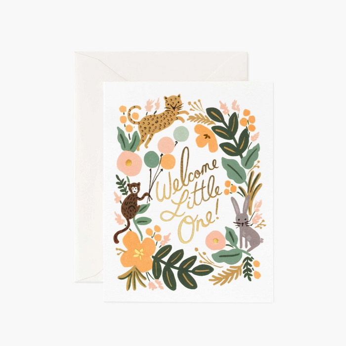 Card with animals that says " Welcome little one!" in gold letters on white background