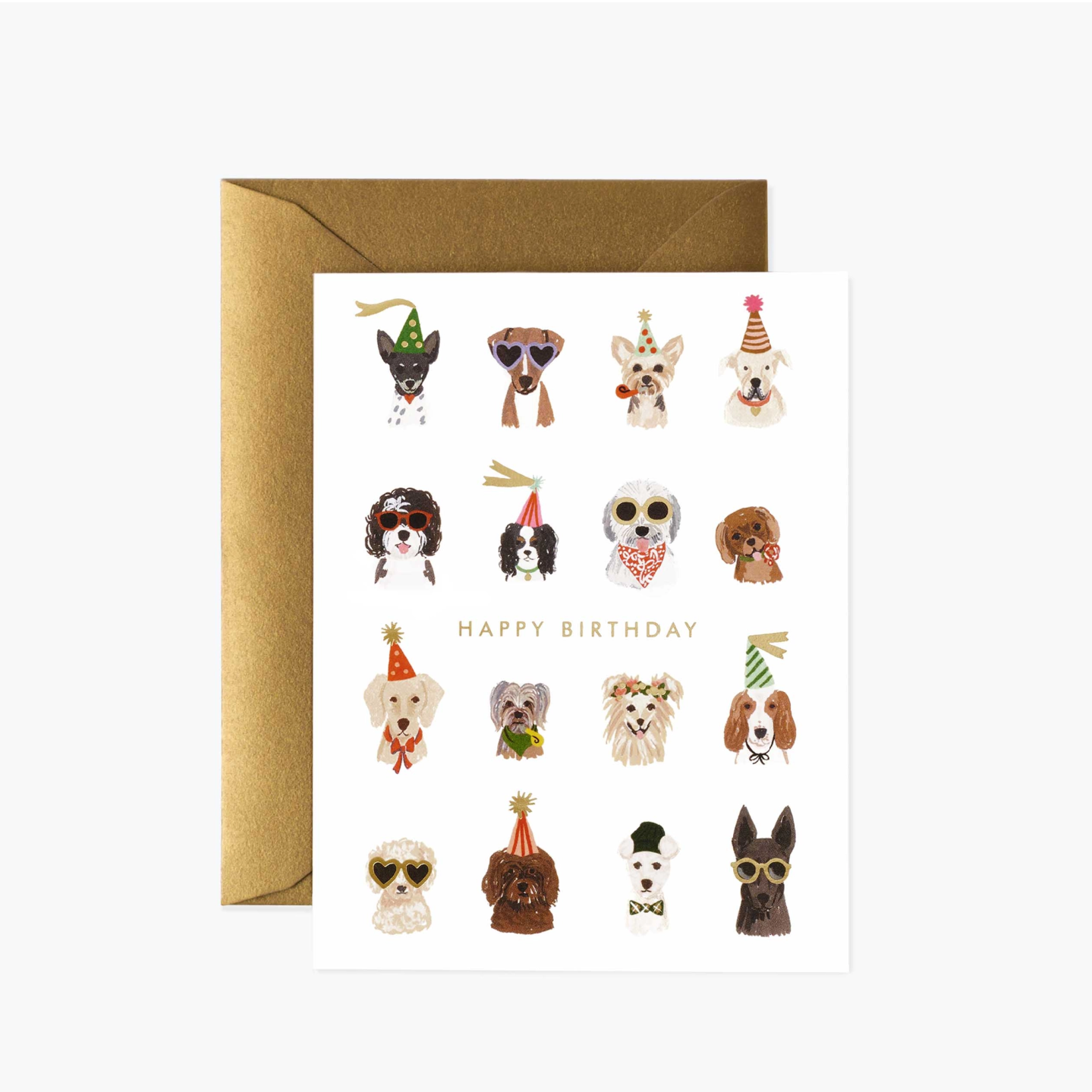 A birthday greeting card with a collection of illustrated dogs in various costumes and accessories, and a 'Happy Birthday' text at the top. The card comes with a metallic gold envelope.