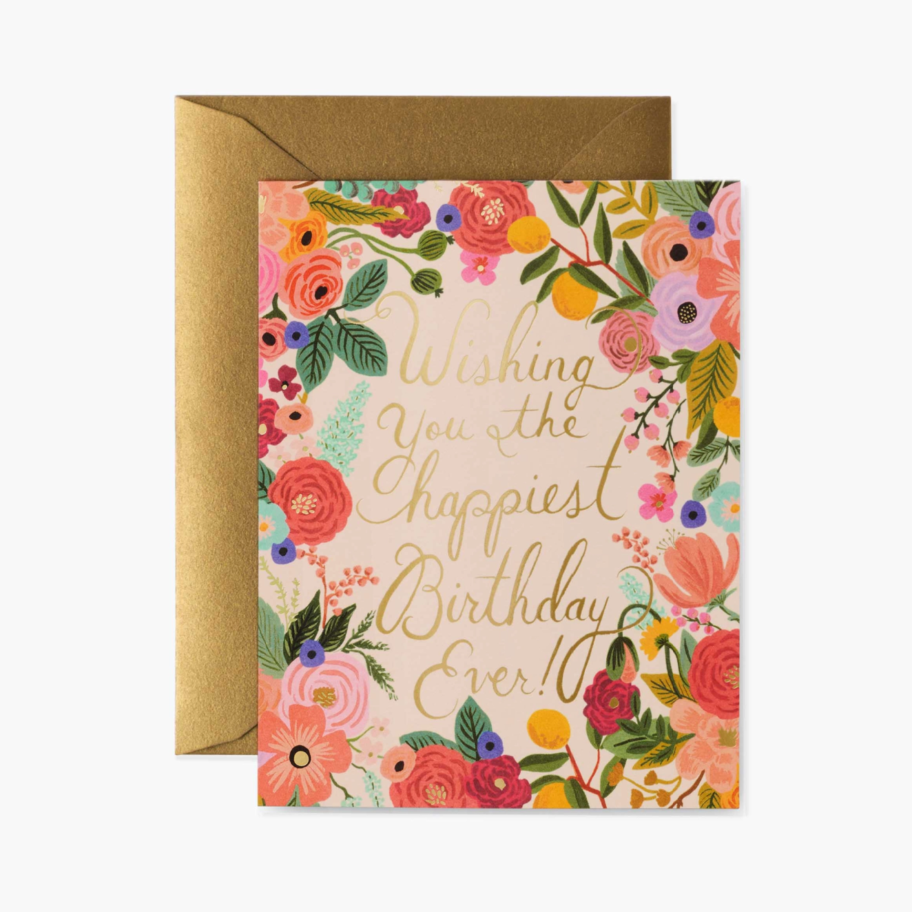 A floral birthday card with metallic gold foil stamping, featuring a colorful depiction of flowers and text that reads 'Wishing you the happiest birthday ever!' in a blank interior for a personal message.