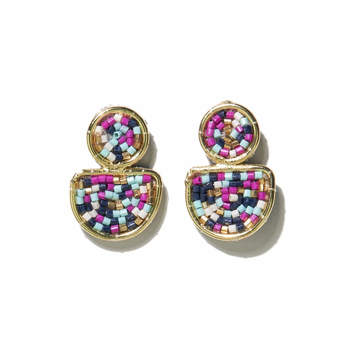 Navy Magenta Confetti Beads Brass Post Earrings