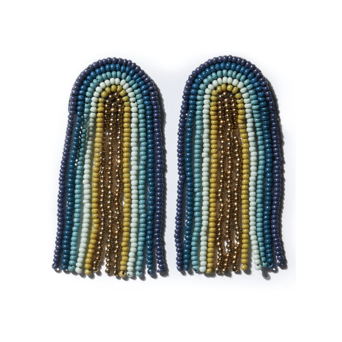 Teal Navy Rainbow Fringe Seed Bead Earrings