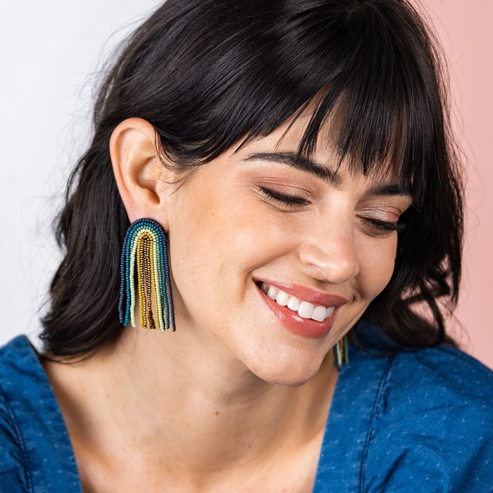 Teal Navy Rainbow Fringe Seed Bead Earrings