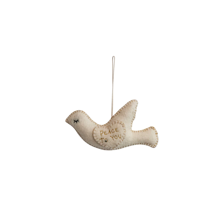 Handmade Wool Felt Dove Ornament w/ Embroidery "Peace to You"
